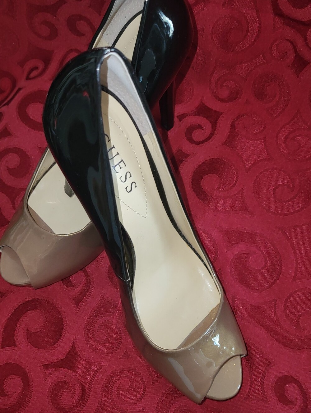 GUESS Patent Two-Tone Peep Toe Pumps in Black and Taupe